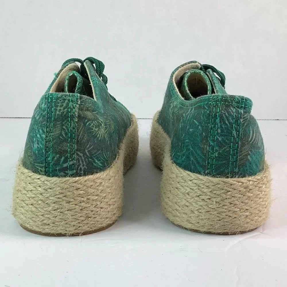 GEMO Round Toe Lace Tie Platform  Green/Leafs Print Espadrilles Sz 38/US 7.5